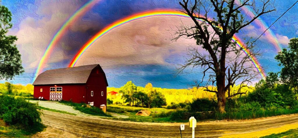 painting of Indraloka Animal Sanctuary in PA with a red historic barn with double rainbow