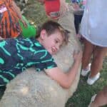 a child hugging a rescue sheep during summer camp at Indraloka Animal Sanctuary